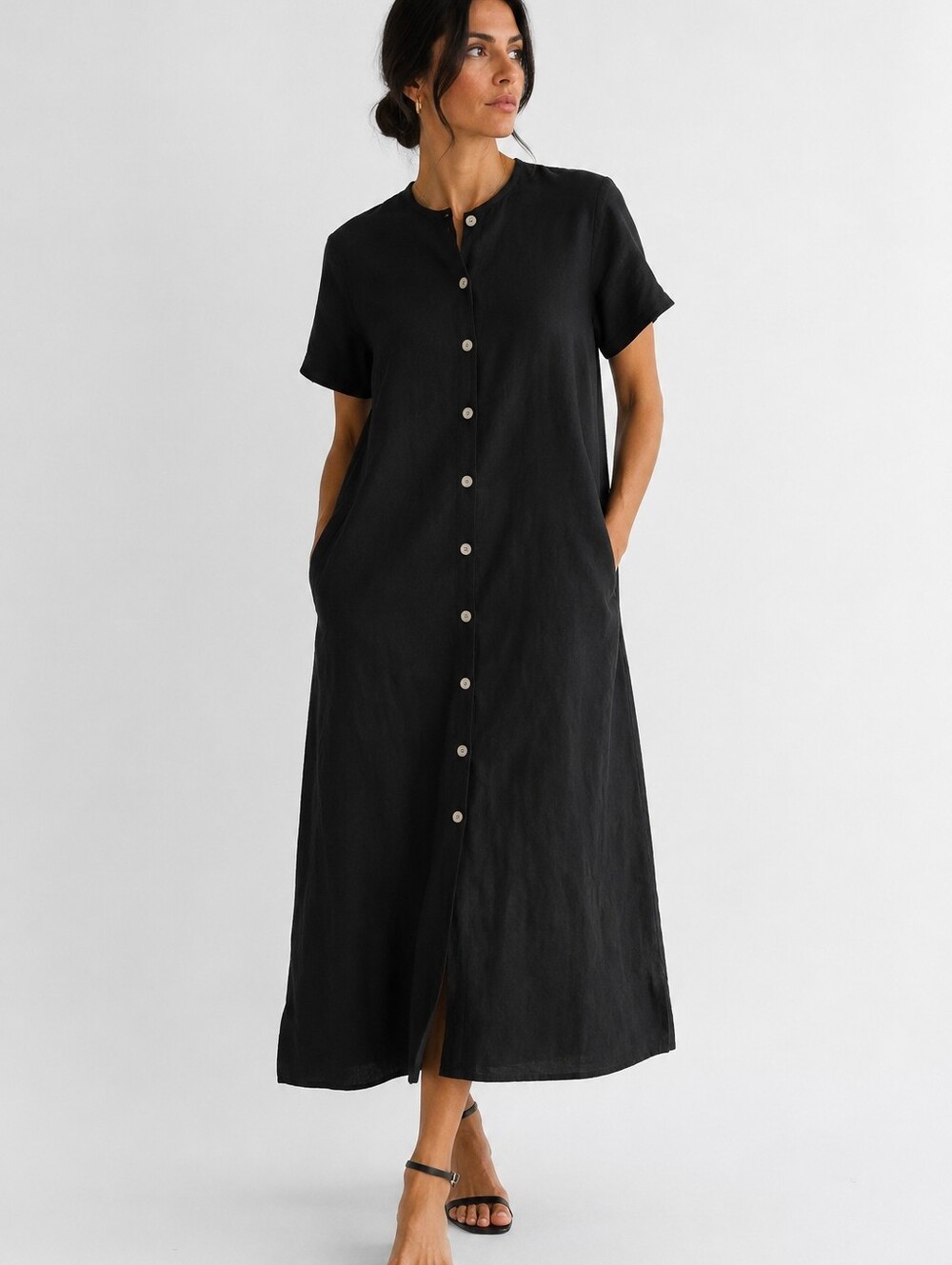 W by Worth Black 100% Linen Button Front Maxi Shirt Dress Large Minimalist Luxe